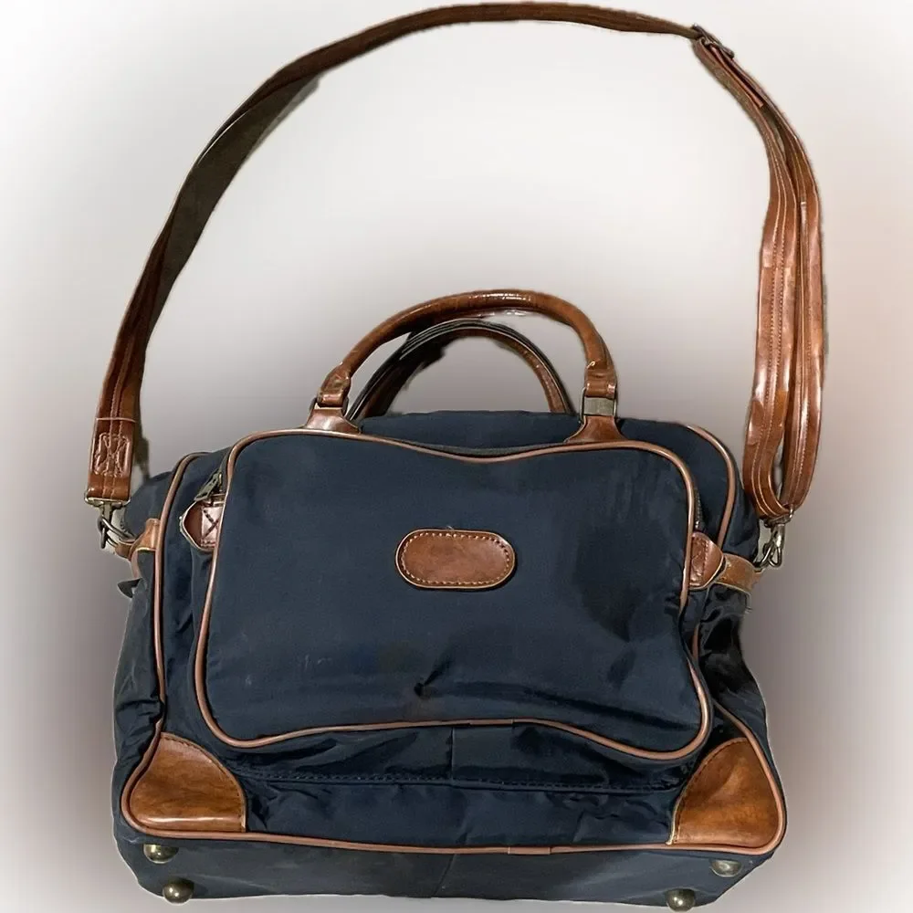 Vintage Overnight Bag canvas with leather trim navy and leather 17” x 11”